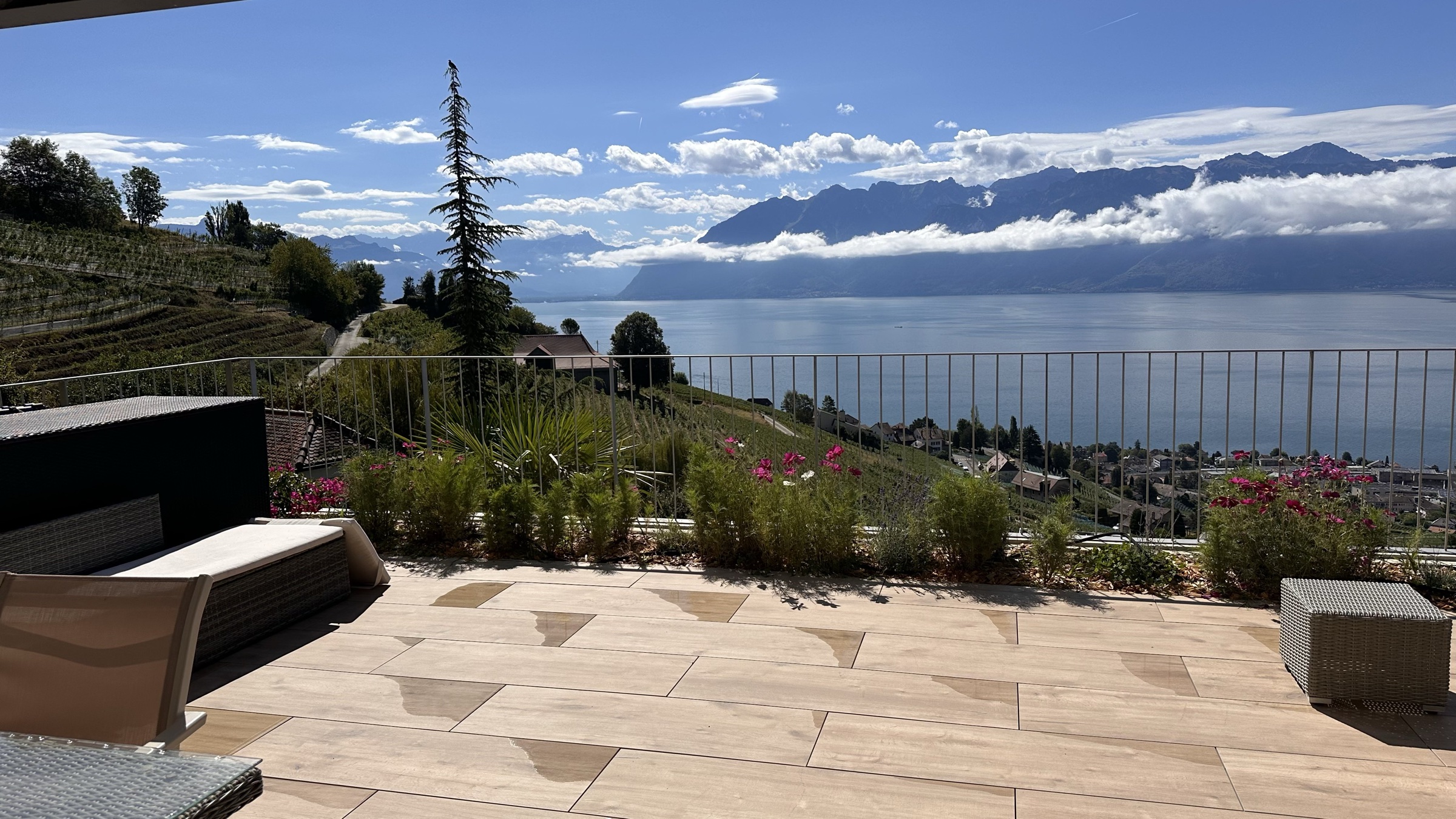 Vue sur le lac, les vignes et les Alpes depuis la terrasse du Lavaux